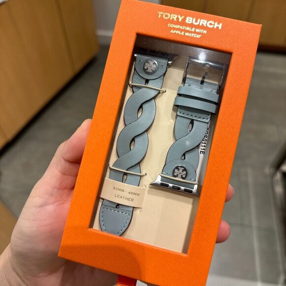 New! Tory Burch Apple Watch Band 38-45mm -Braided Leather Band-Light Blue - Picture 2 of 7